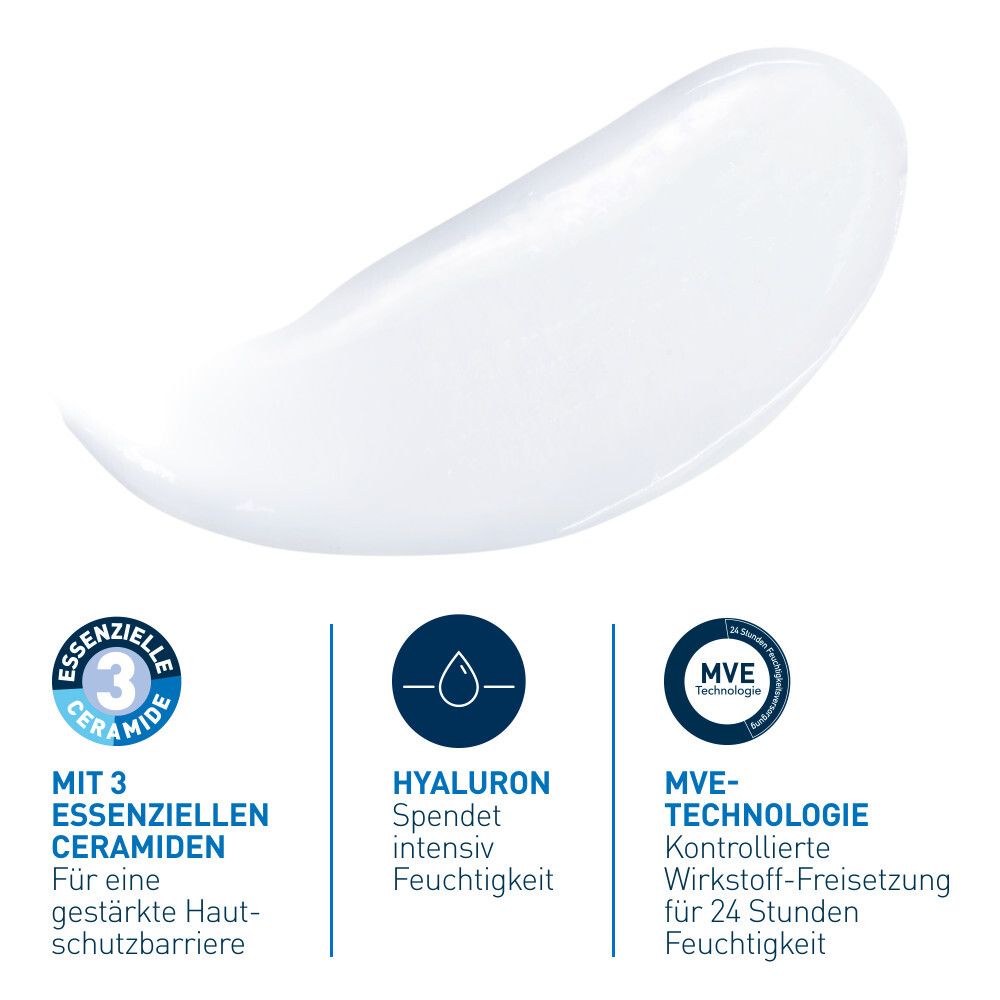 Wit product, tekst: 3 essentiële ceramiden, hyaluron, MVE-technologie. Voor hydratatie.