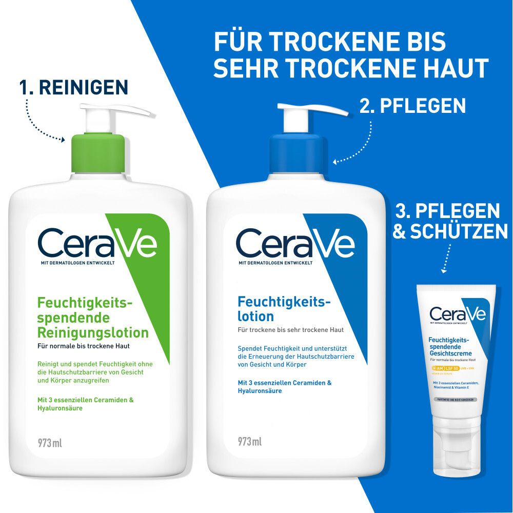 CeraVe producten: reinigings- en moisturizing lotion, gezichtscrème. Voor droge tot zeer droge huid.