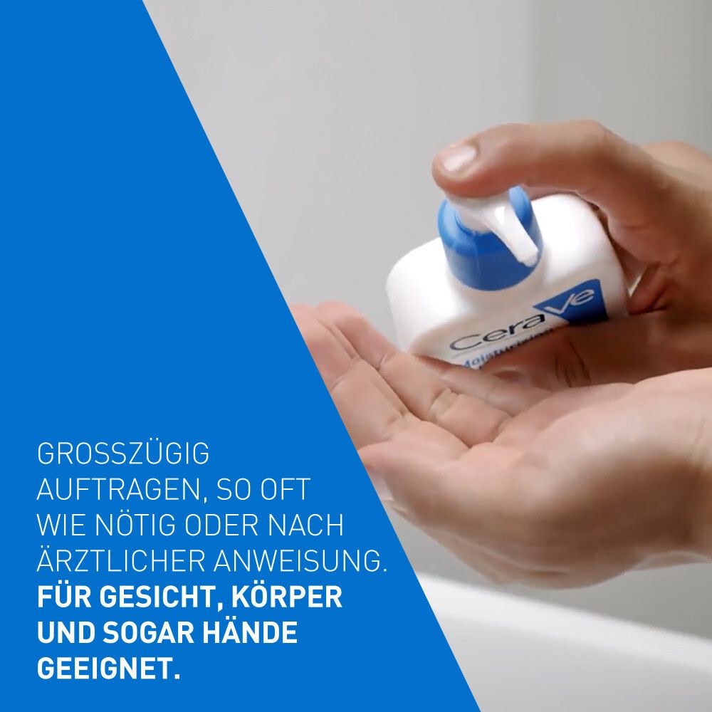 Kleine CeraVe fles in hand. Tekst: Geschikt voor gezicht, lichaam en handen.