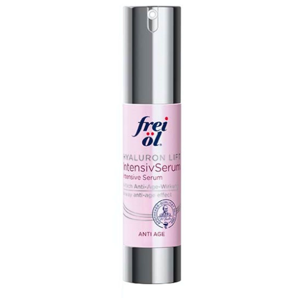 Flacon rose et argent. Inscription: frei öl, Hyaluron Lift IntensivSerum. Effet anti-âge.