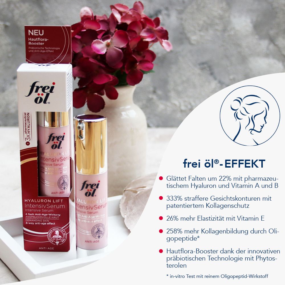 Emballage produit avec flacon. Inscription: frei öl, Hyaluron Lift IntensivSerum. Avantages: rides, élasticité, collagène.