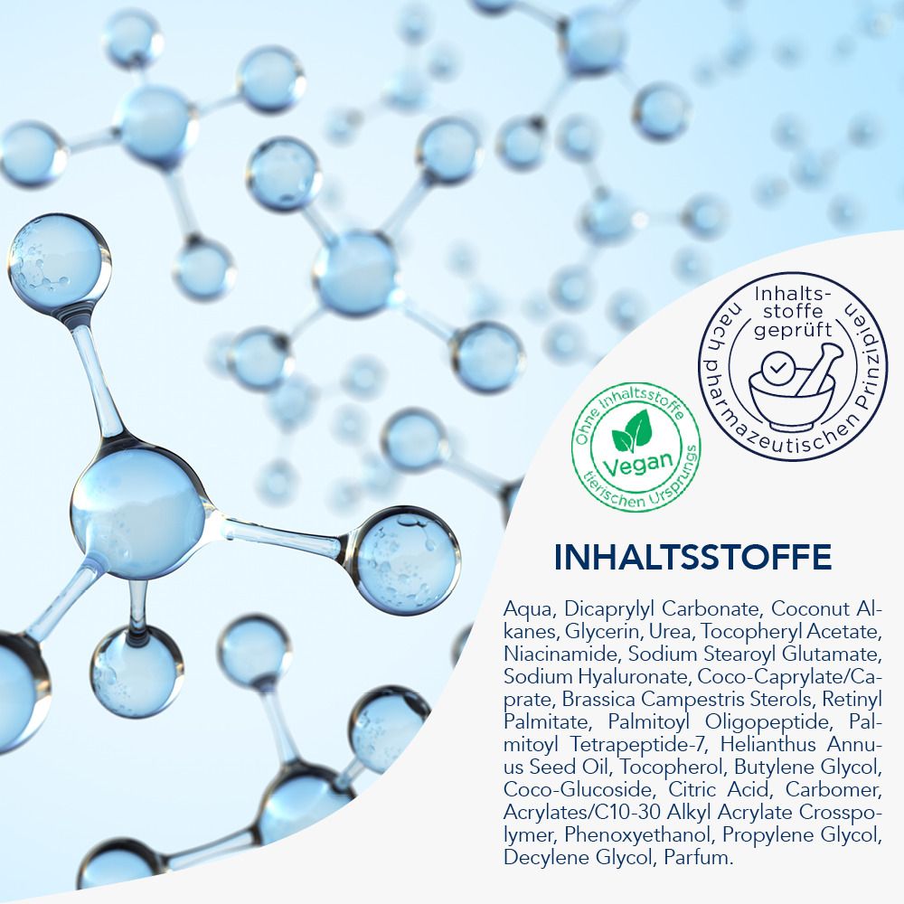 Graphique avec molécules et ingrédients. Inscription: Ingrédients. Aqua, Glycérine, Hyaluronate, etc. Vegan.