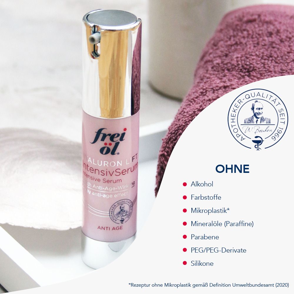 Flacon rose et argent. Inscription: frei öl, Hyaluron Lift IntensivSerum. Sans: alcool, colorants, microplastiques.