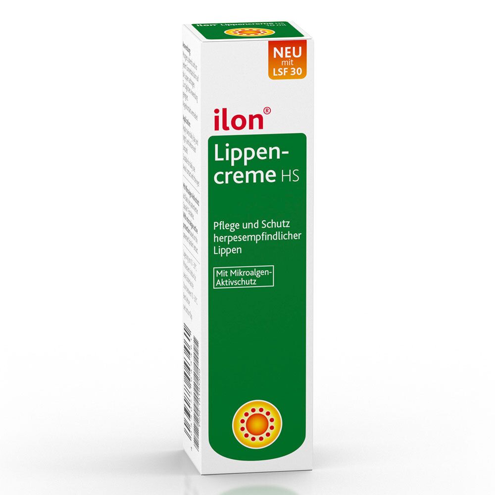 Boîte de ilon® Lippencreme HS. Boîte verte et blanche. Inscription : LSF 30, Soin et protection des lèvres sensibles à l'herpès.