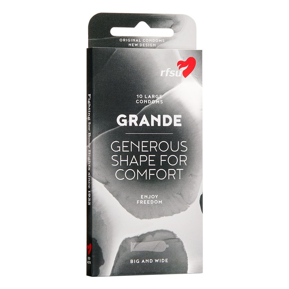 Paquet de préservatifs rfsu Grande, 10 unités. Forme généreuse pour plus de confort. Design noir et blanc.
