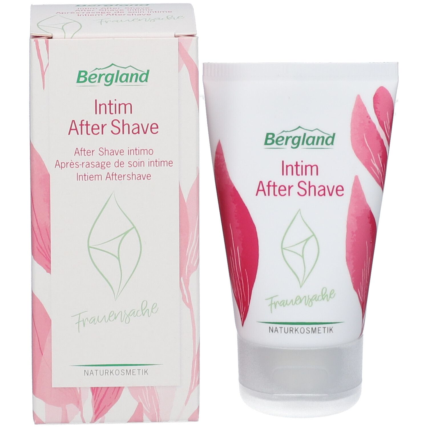 Productverpakking met tube en doos. Beide met Bergland Intim After Shave.