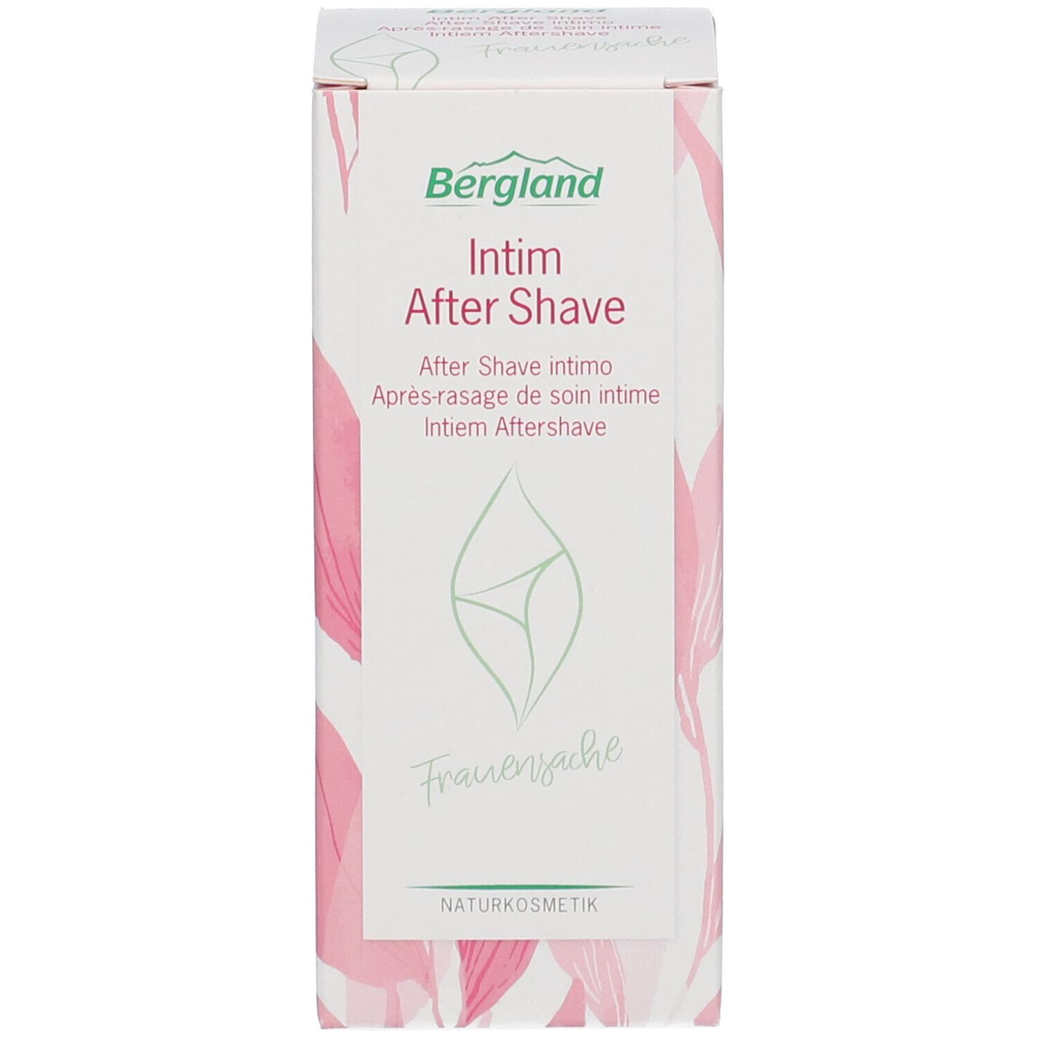 Kartonnen verpakking voor Bergland Intim After Shave. Wit met roze bloemenpatroon en productnaam.