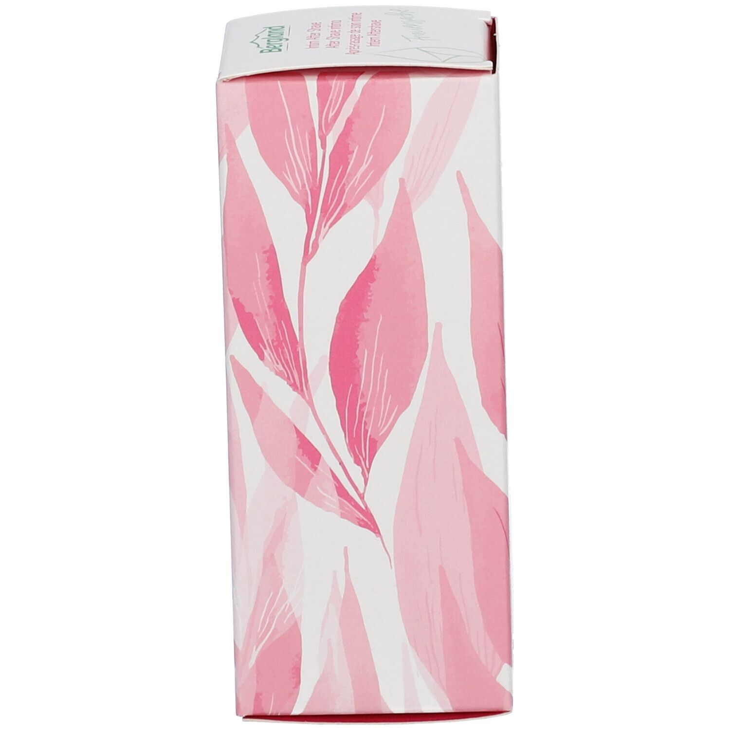 Zijaanzicht van de kartonnen verpakking. Roze bloemenpatroon op witte achtergrond.