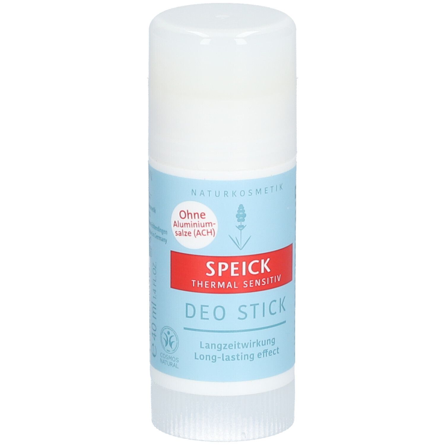Stick de déodorant avec couvercle blanc et bande bleue. Inscription : SPEICK Thermal Sensitiv Deo Stick. Sans sels d'aluminium.
