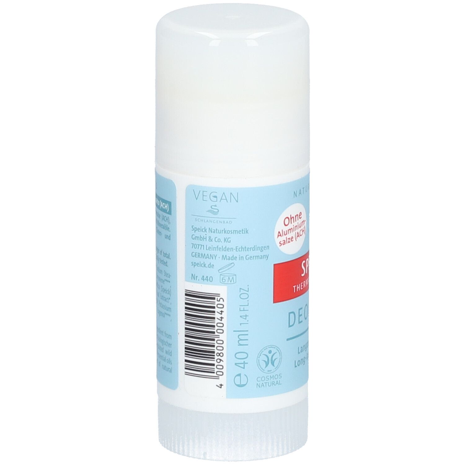 Stick de déodorant avec couvercle blanc. Inscription : SPEICK Thermal Sensitiv Deo Stick. Vegan. 40 ml. Sans sels d'aluminium. Ingrédients au dos.