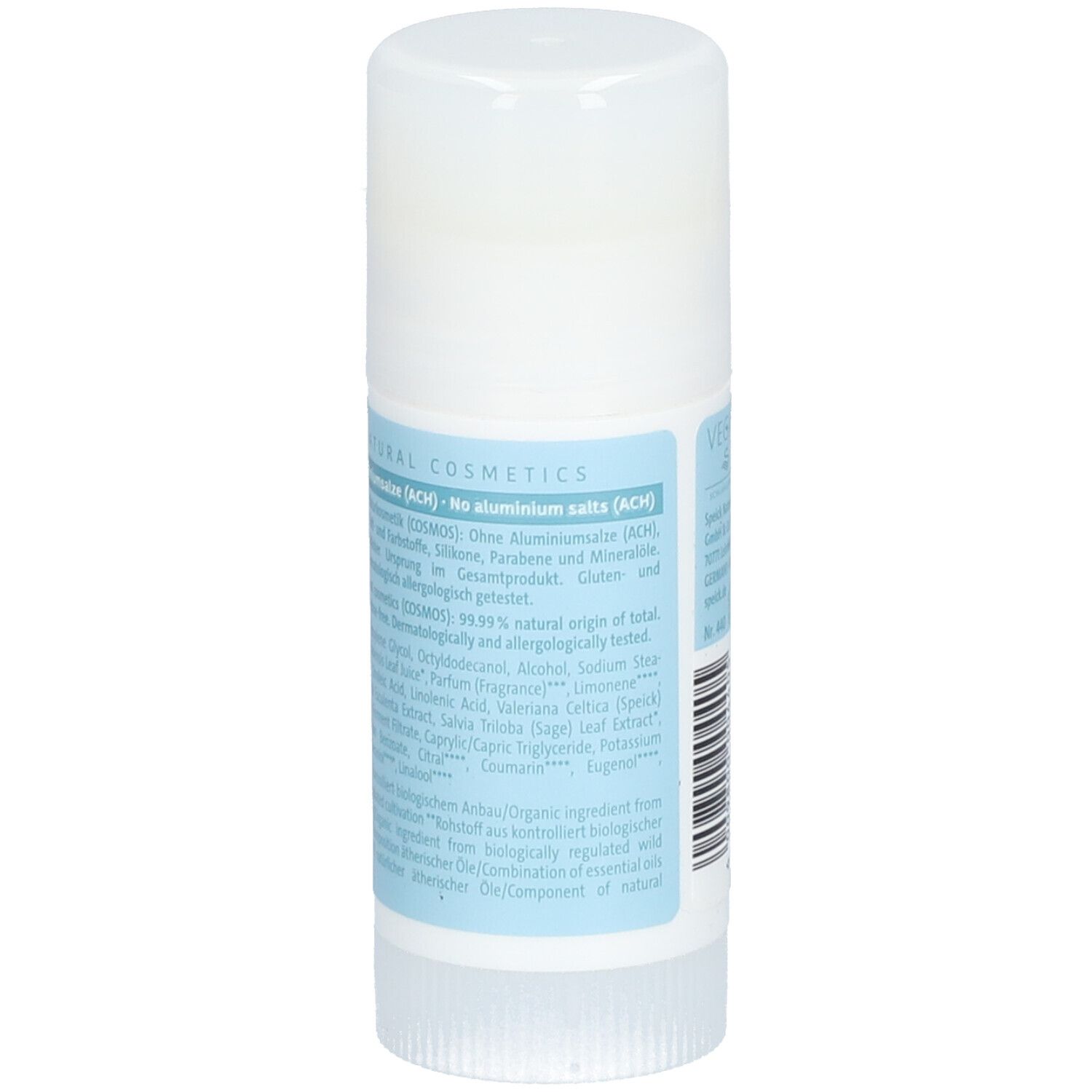 Stick de déodorant avec couvercle blanc. Dos avec ingrédients et certifications. Sans sels d'aluminium. 99,99% d'origine naturelle.