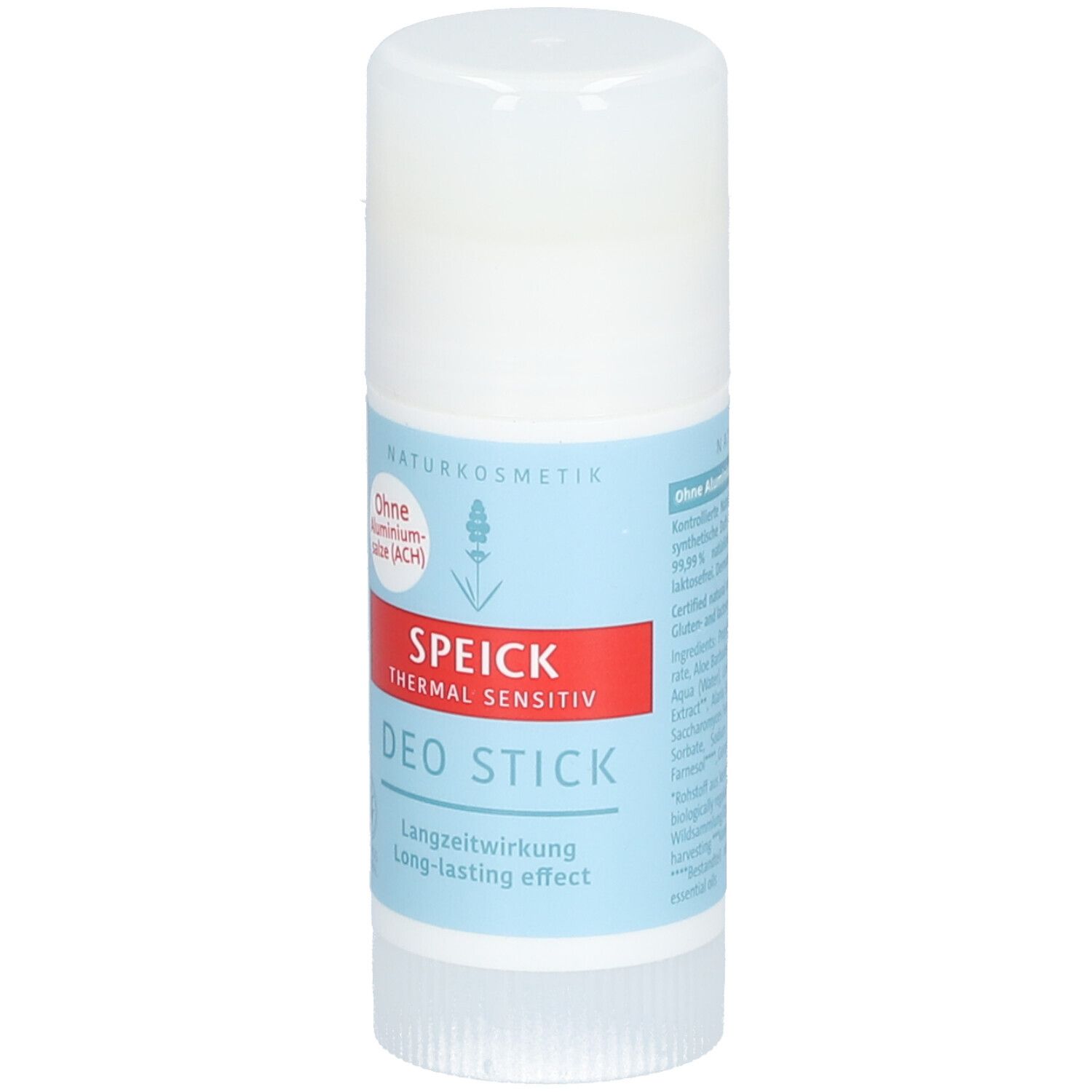 Stick de déodorant avec couvercle blanc et bande bleue. Inscription : SPEICK Thermal Sensitiv Deo Stick. Sans sels d'aluminium.