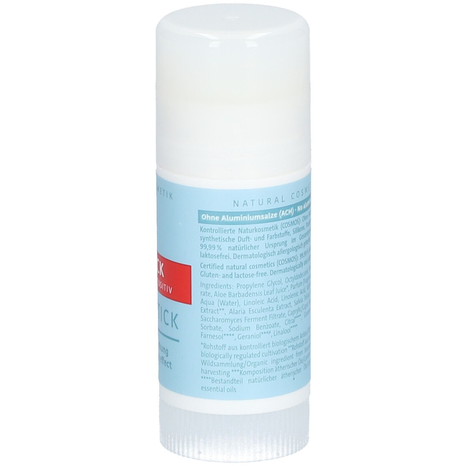 Stick de déodorant avec couvercle blanc. Dos avec ingrédients et certifications. Sans sels d'aluminium. 99,99% d'origine naturelle.