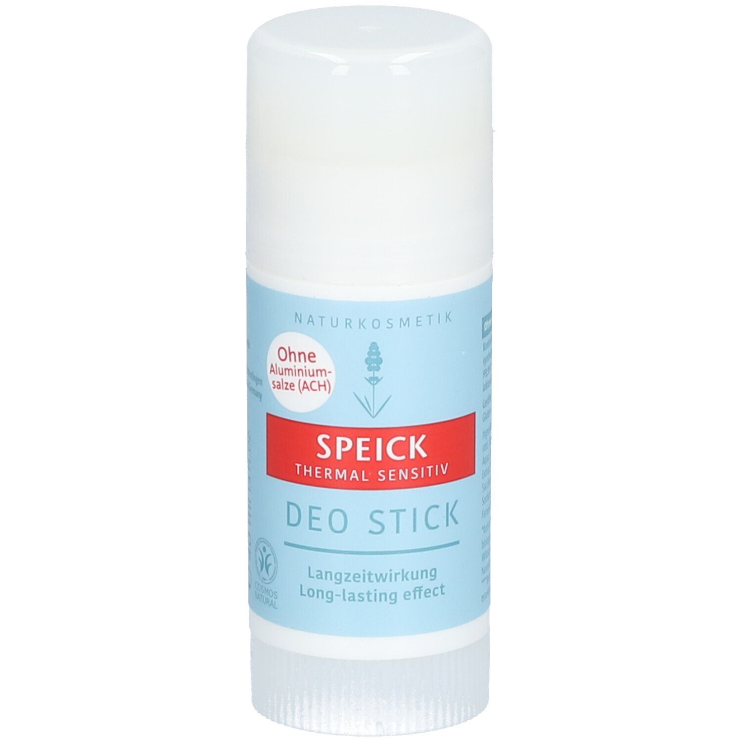 Stick de déodorant avec couvercle blanc et bande bleue. Inscription : SPEICK Thermal Sensitiv Deo Stick. Sans sels d'aluminium.