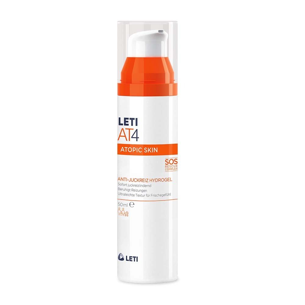Flacon blanc avec détails orange et bouchon transparent. Inscriptions : LETI AT4, ATOPIC SKIN, ANTI-JUCKREIZ HYDROGEL. 50ml.