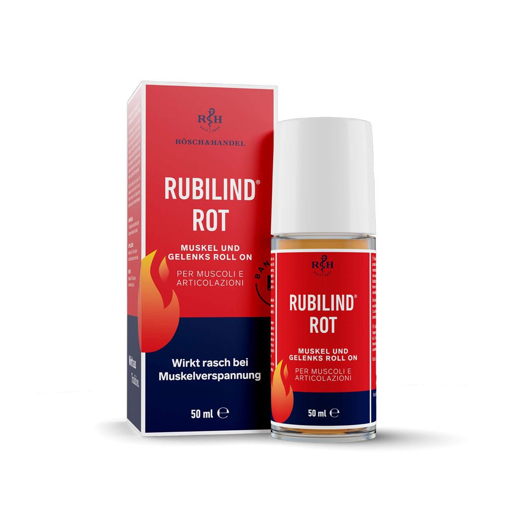 Roll-on RUBILIND® Rot. Flacon et emballage rouges. Texte: Muskel und Gelenks Roll-on. 50 ml.
