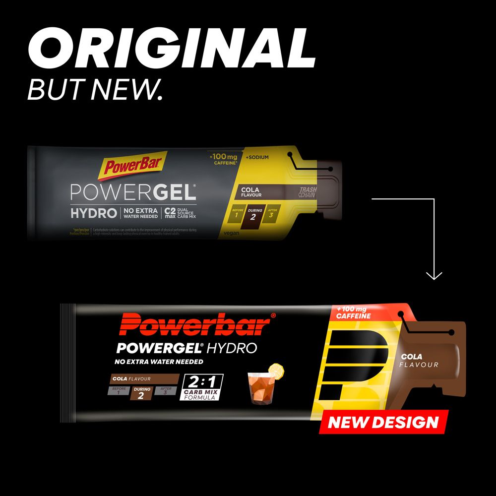 Comparaison PowerBar Powergel Hydro Cola. En haut : ancien emballage. En bas : nouvel emballage. Fond noir.