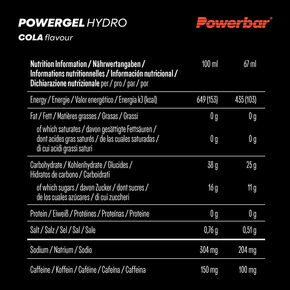 Tableau nutritionnel PowerBar Powergel Hydro Cola. Informations en allemand, anglais, français et italien.