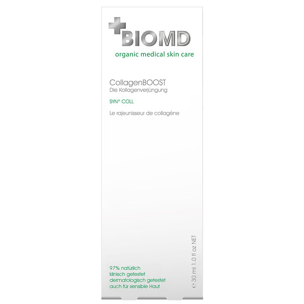 BIOMD CollagenBOOST. Emballage blanc avec nom et logo. Texte: organic medical skin care.