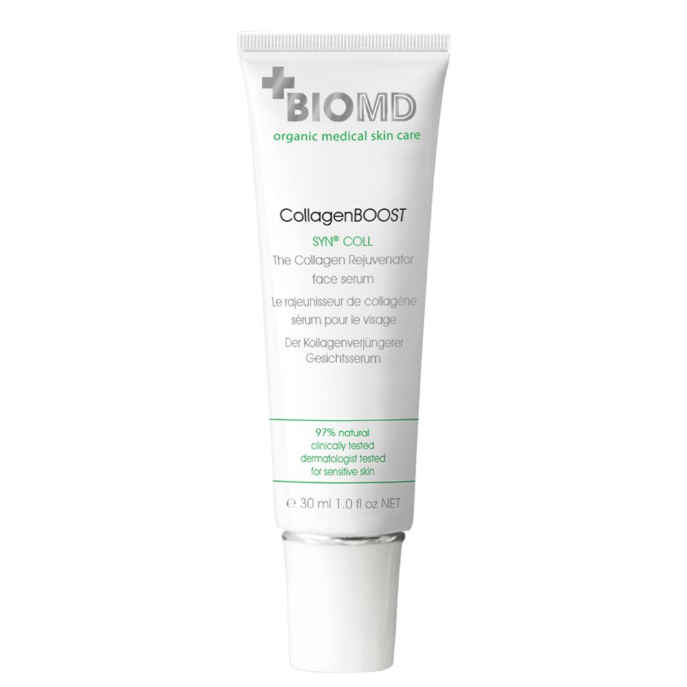BIOMD CollagenBOOST sérum visage en tube. Blanc, avec logo et nom. 30 ml. Pour peau sensible.
