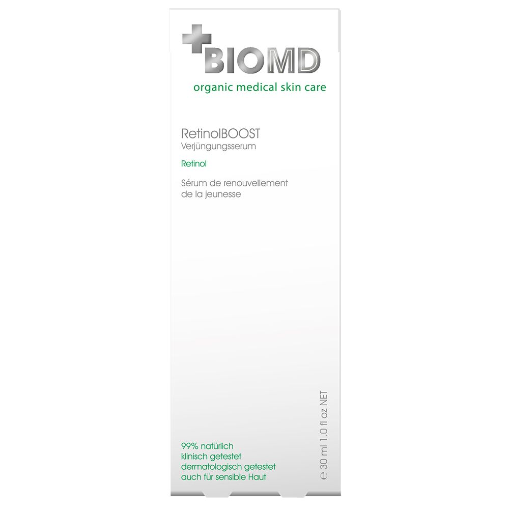BIOMD Retinol Boost Verjongingsserum. Witte verpakking met productinfo en logo.