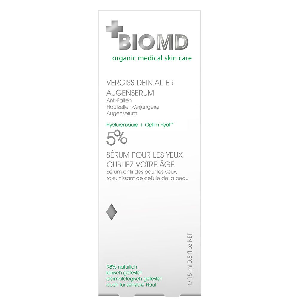 BIOMD oogserum. Witte tube met tekst en logo. 5% hyaluronzuur. 15 ml. Dermatologisch getest.