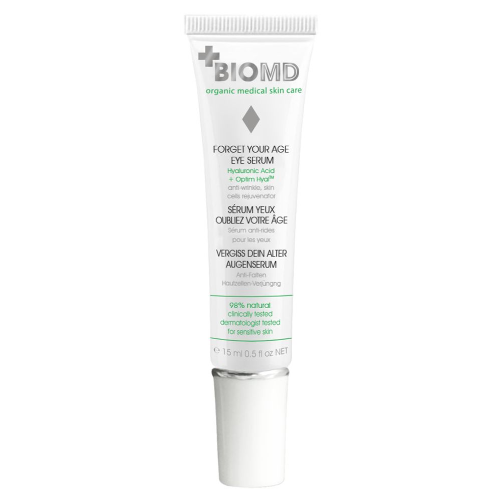 BIOMD oogserum. Tube met schroefdop. Tekst: Forget Your Age Eye Serum. 15 ml. Dermatologisch getest.