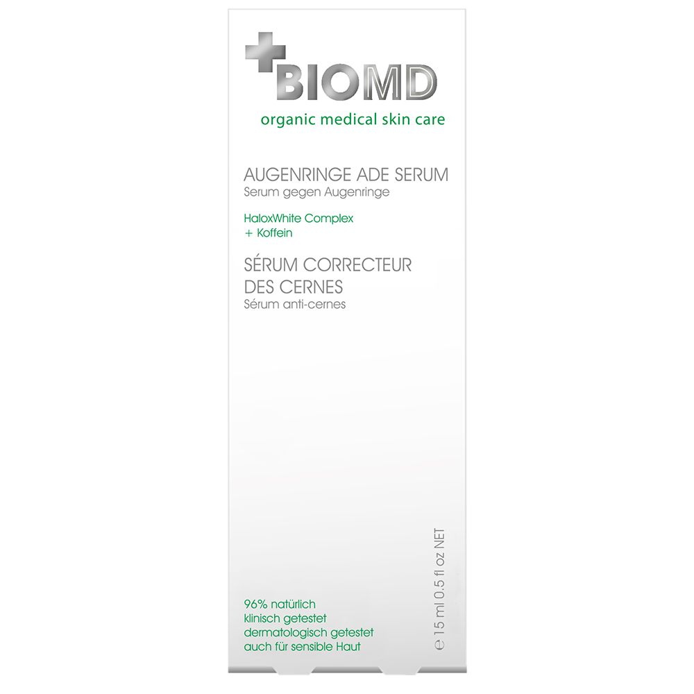 BIOMD Augenringe Ade Serum. Emballage blanc avec accents verts. Texte: Augenringe Ade Serum, 15 ml.