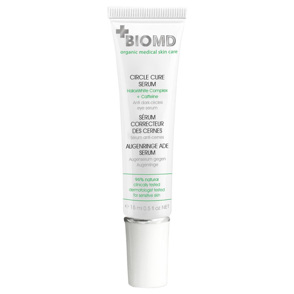 BIOMD Circle Cure Serum. Tube avec bouchon à vis. Texte: Circle Cure Serum, 15 ml. Couleurs vert et blanc.