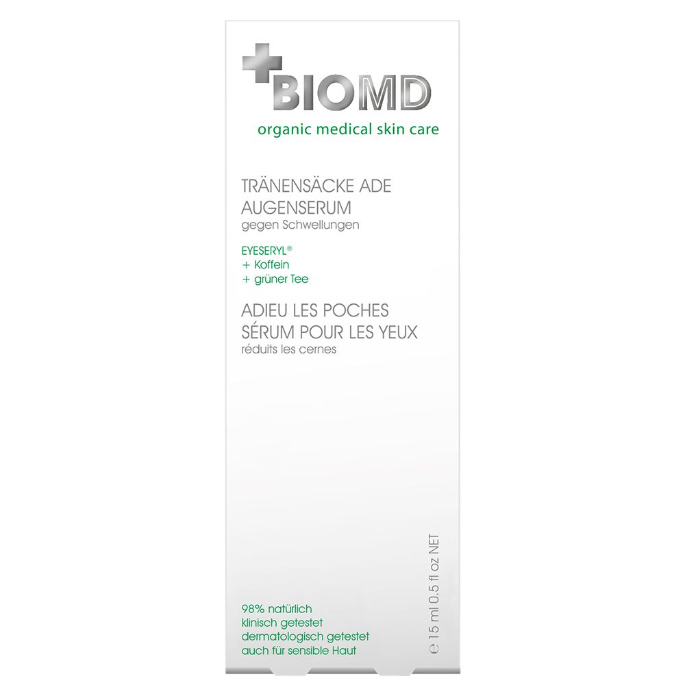 BIOMD oogserum verpakking. Tekst: Tränensäcke Ade, Augen-Serum, 15 ml. Witte achtergrond.