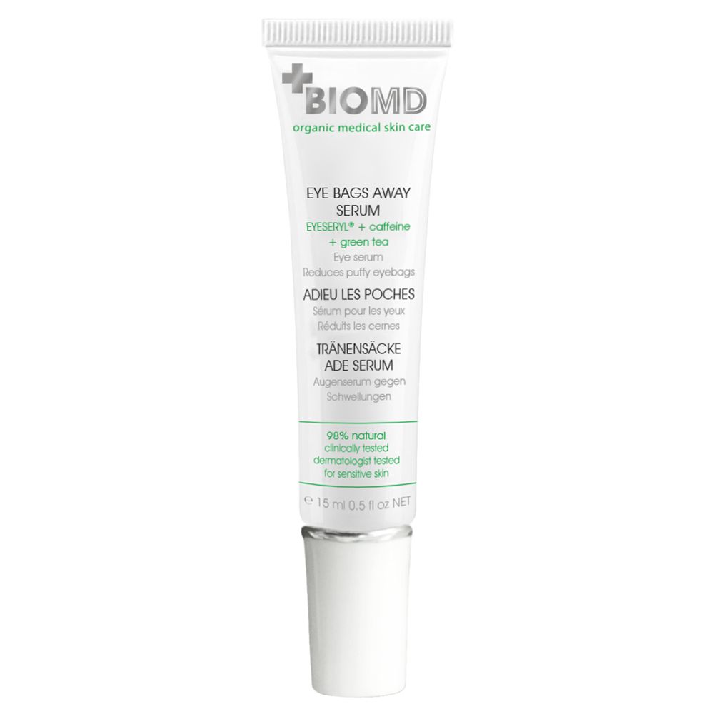BIOMD oogserum tube. Wit, met zilveren dop. Tekst: Eye Bags Away Serum, 15 ml.