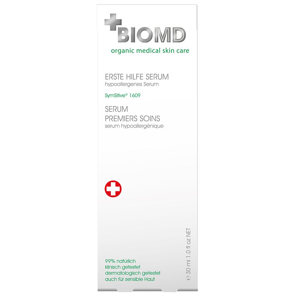 BIOMD serumtube. Eerste hulp, hypoallergeen. Wit, met tekst en logo. 30 ml.