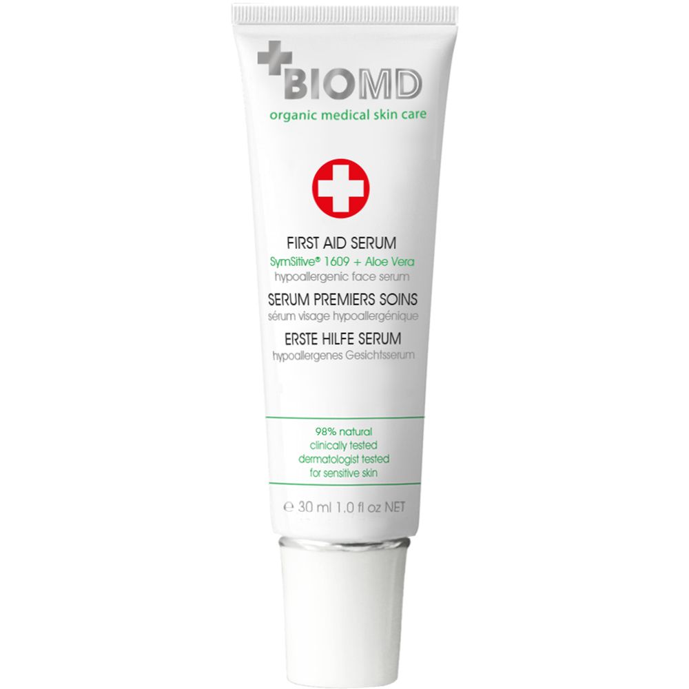 BIOMD serumtube. Eerste hulp, hypoallergeen. Wit, met tekst en logo. 30 ml.
