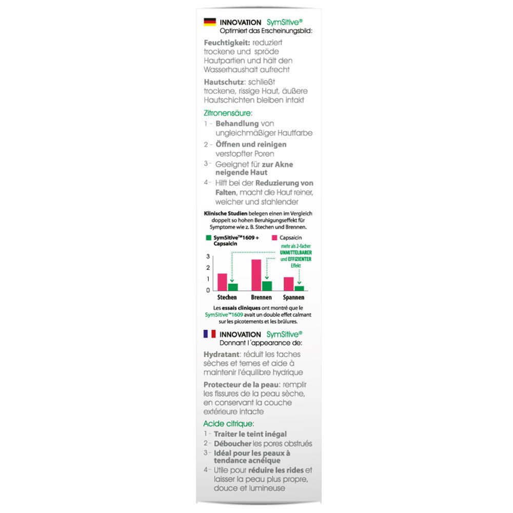 Verpakking met tekst en diagrammen. Informatie over ingrediënten en gebruik.