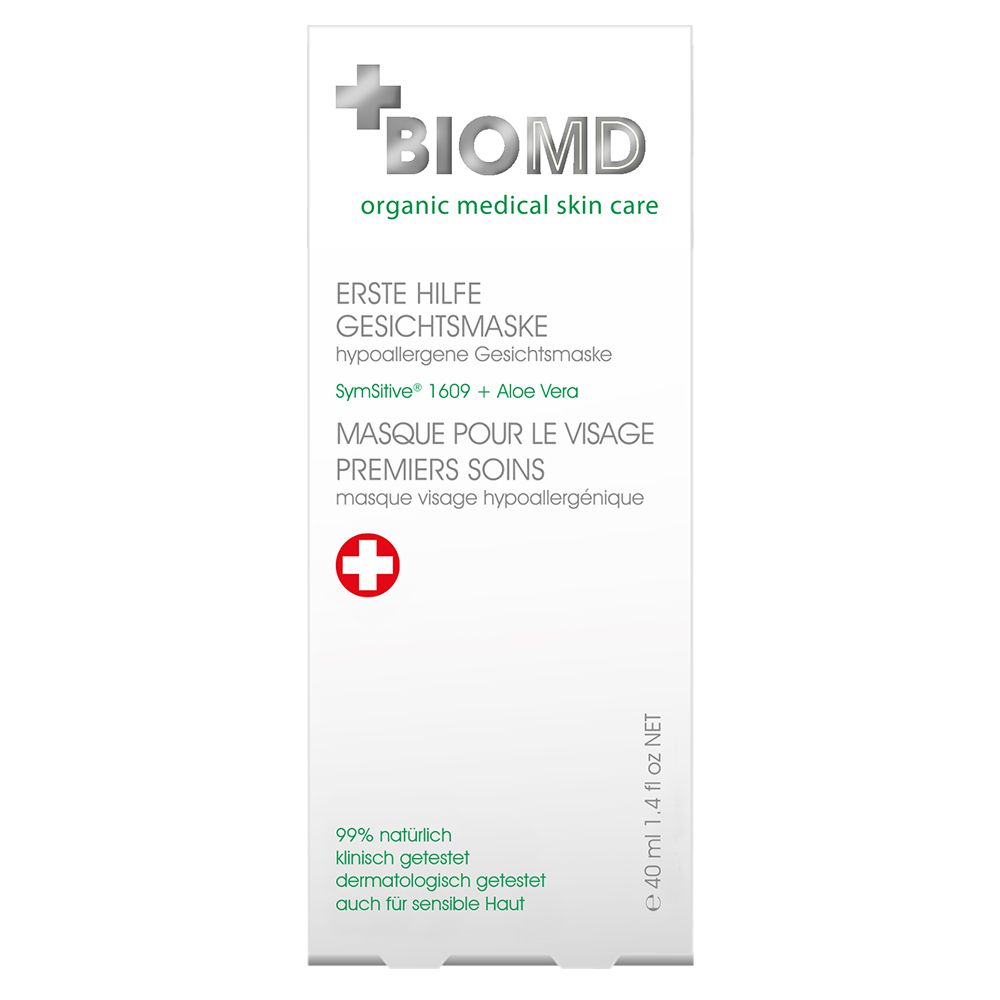 BIOMD gezichtsmasker. Witte tube met rood kruis en tekst. 40 ml.