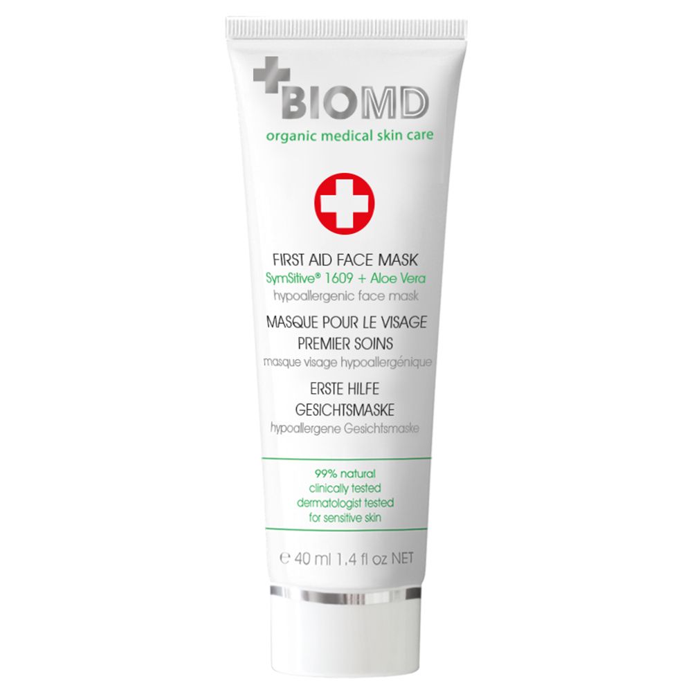 BIOMD gezichtsmasker. Witte tube met rood kruis en tekst. 40 ml.