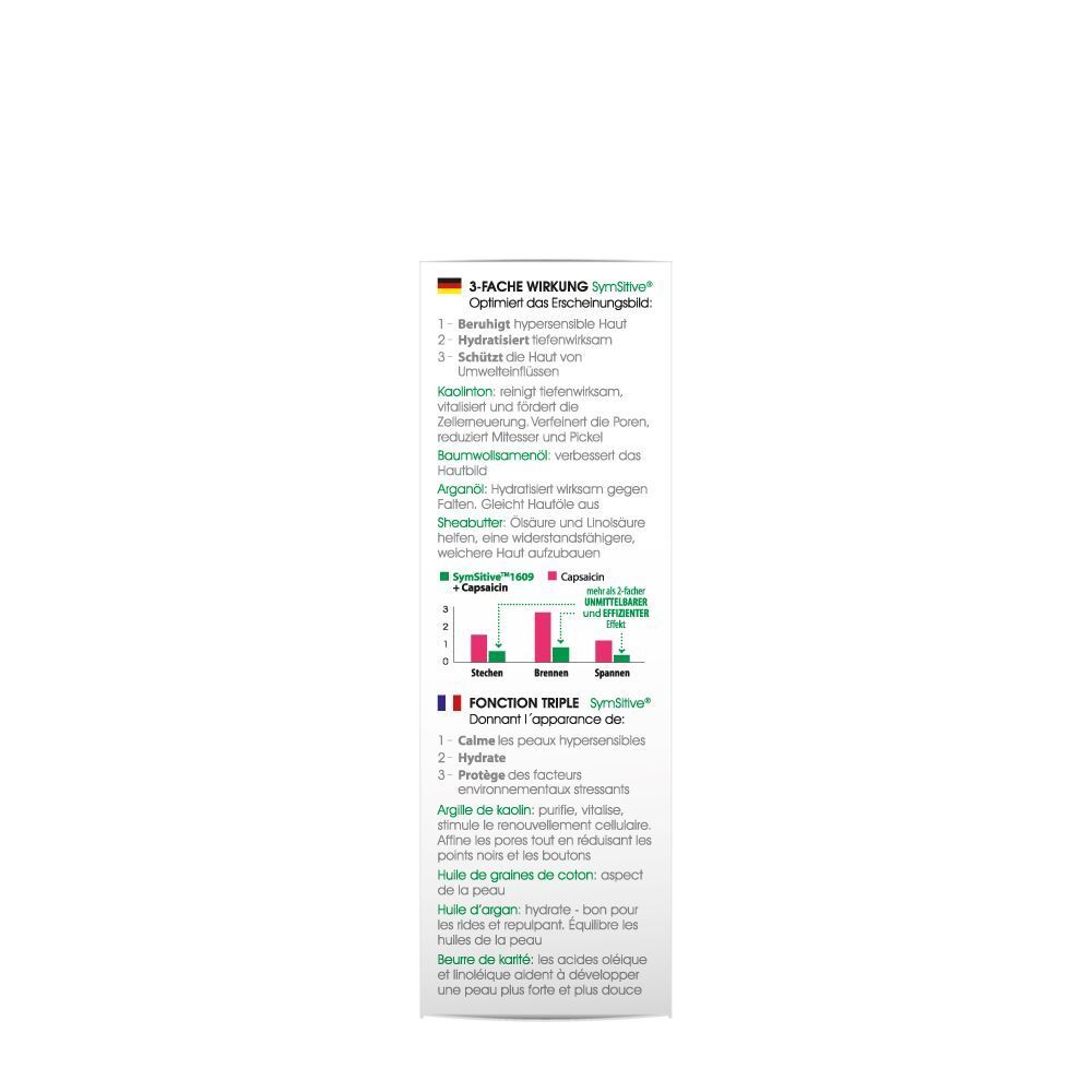 Verpakking met tekst en diagrammen. Informatie over gezichtsmasker in Duits en Frans.