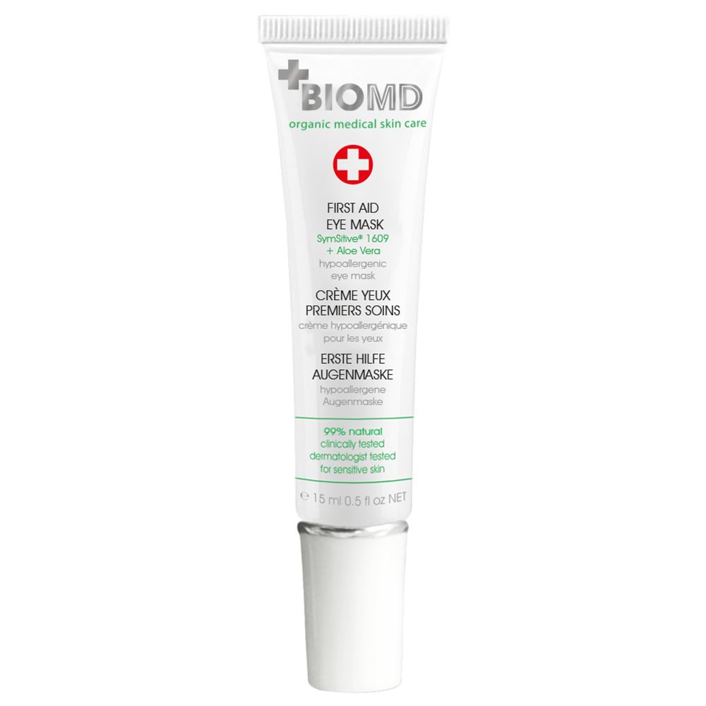 Tube BIOMD. Texte vert et croix rouge. Masque yeux premiers soins, hypoallergénique, 15 ml.