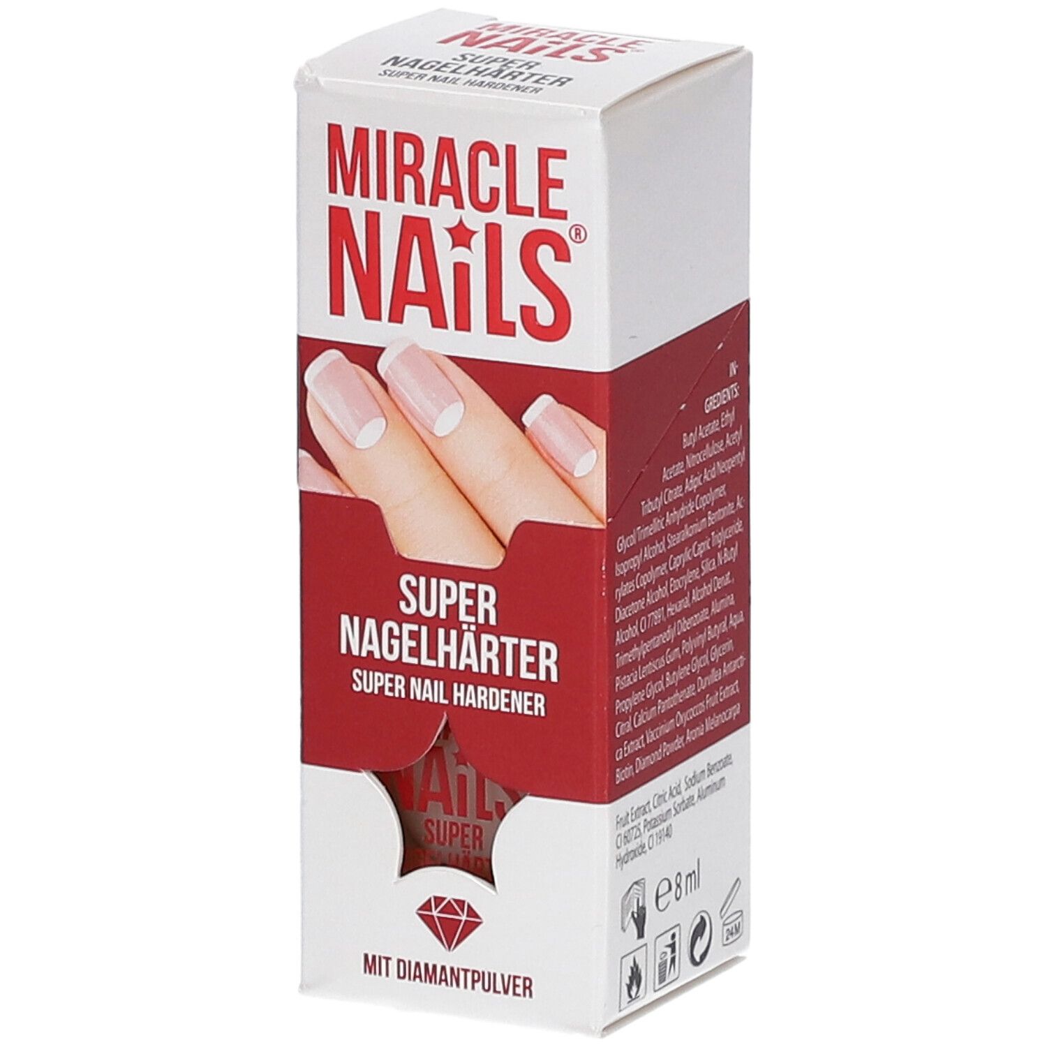 Emballage Miracle Nails Super Nagelhärter. Boîte blanche et rouge avec nom du produit et illustration d'ongles.
