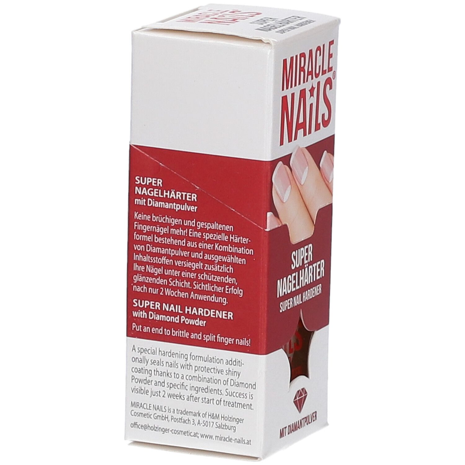 Vue latérale de l'emballage Miracle Nails Super Nagelhärter. Informations textuelles et illustration d'ongles.