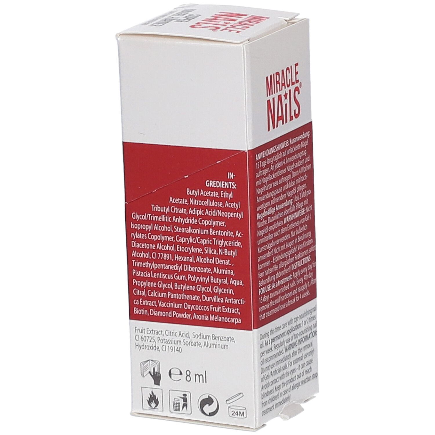 Vue détaillée de l'emballage Miracle Nails Super Nagelhärter. Liste des ingrédients et avertissements.