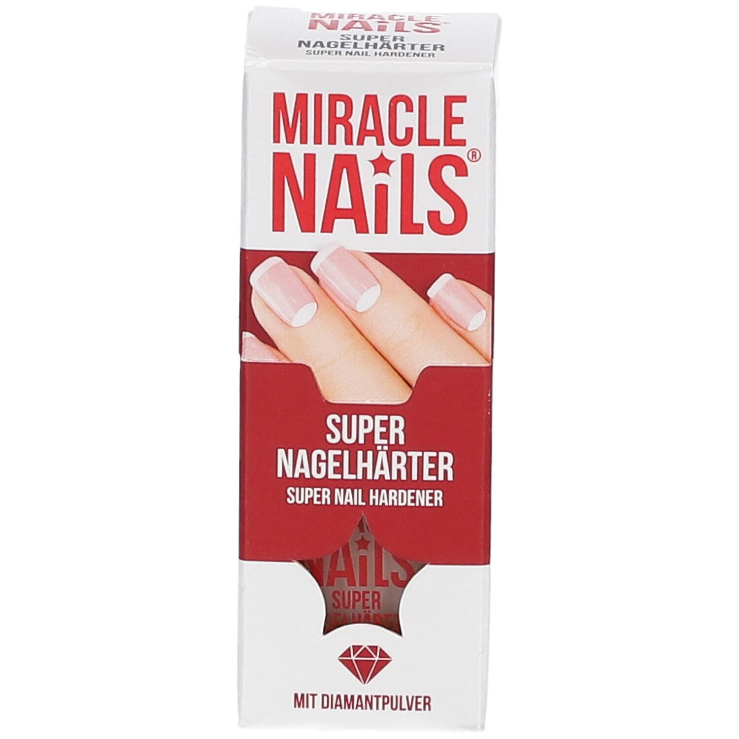 Emballage Miracle Nails Super Nagelhärter. Boîte blanche et rouge avec nom du produit et illustration d'ongles.