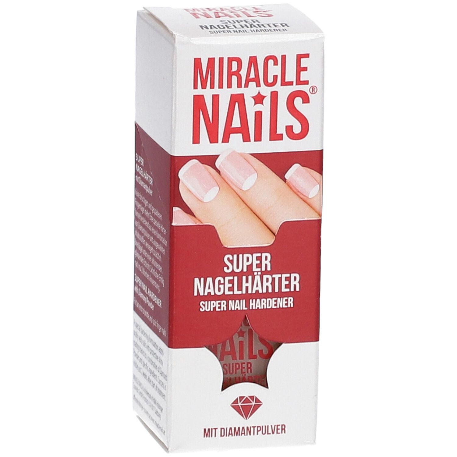 Emballage Miracle Nails Super Nagelhärter. Boîte blanche et rouge avec nom du produit et illustration d'ongles.