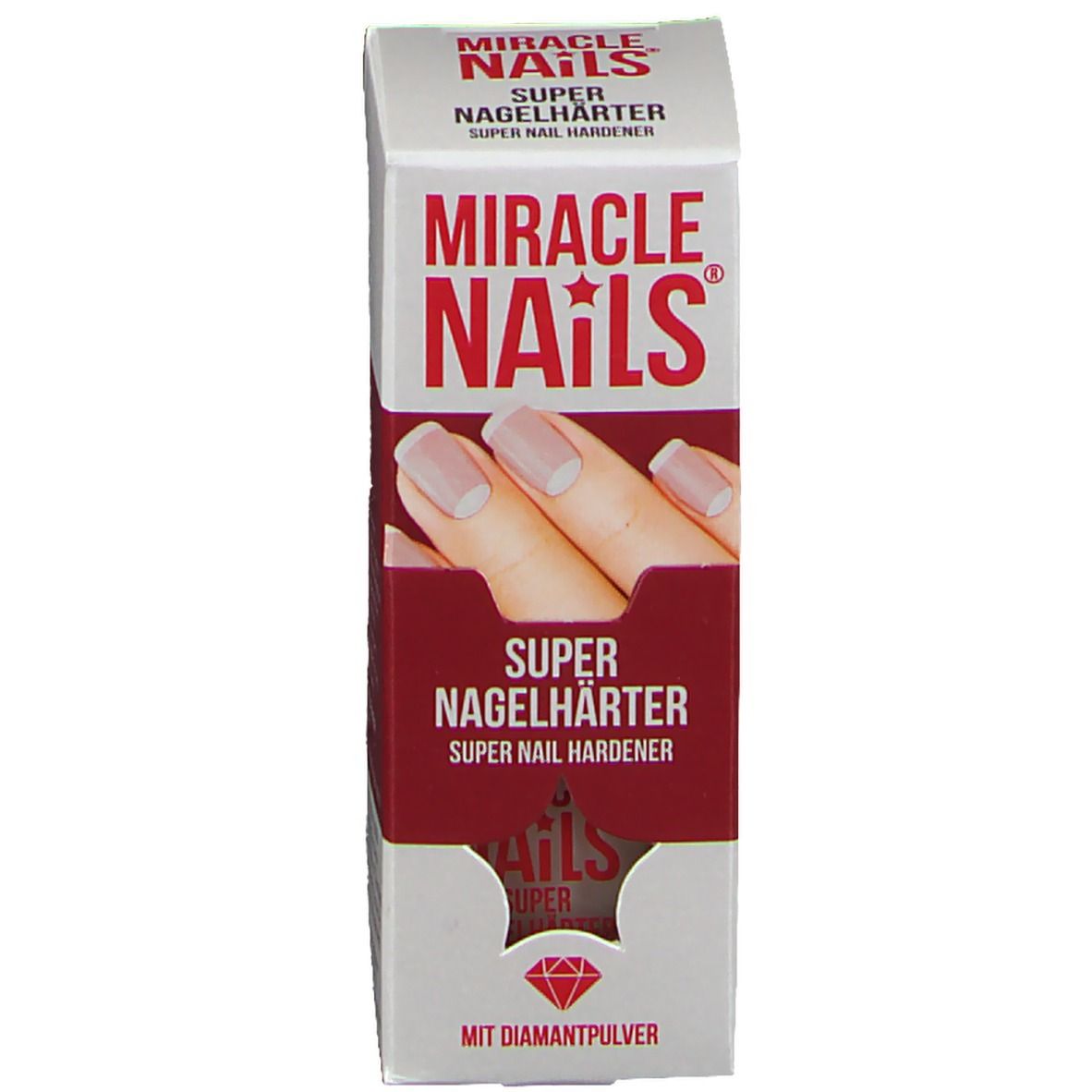Emballage Miracle Nails Super Nagelhärter. Boîte blanche et rouge avec nom du produit et illustration d'ongles.