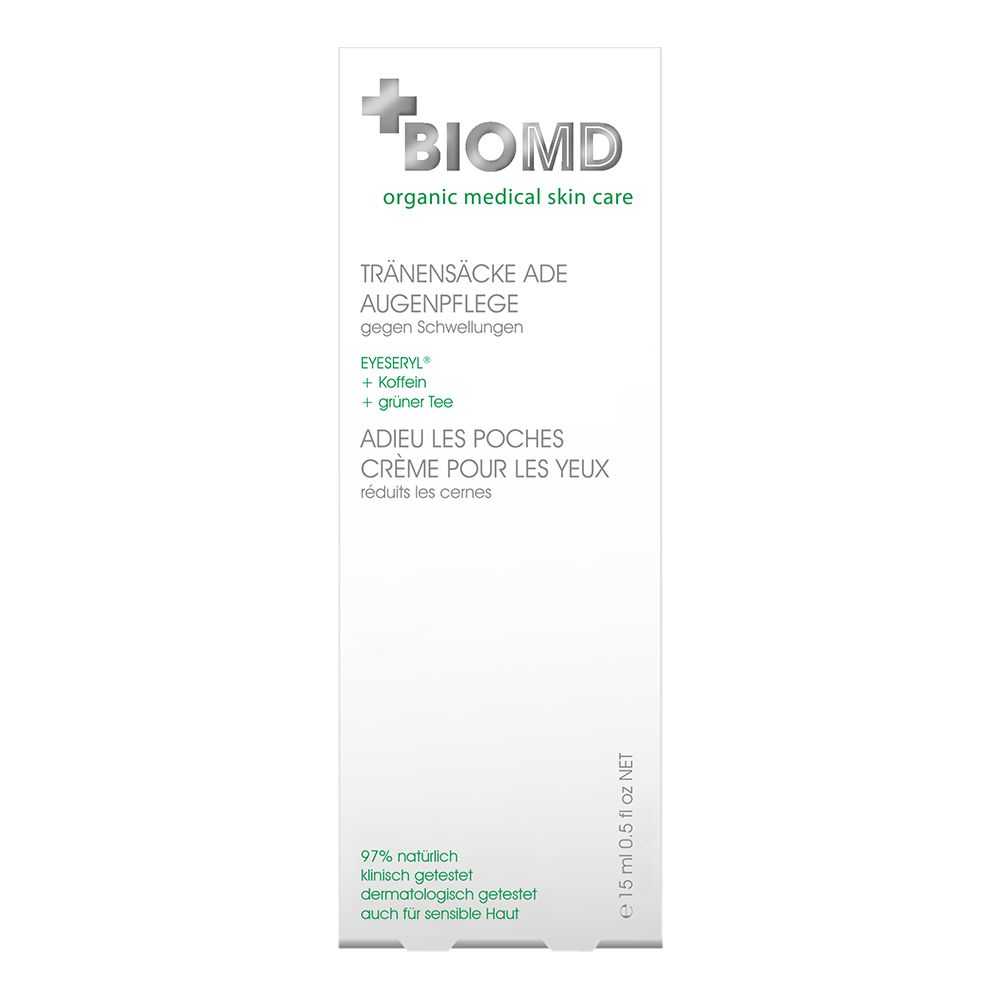 Tube de soin pour les yeux BIOMD. Texte : Tränensäcke Ade, Augenpflege, 15 ml. Emballage vert et blanc.