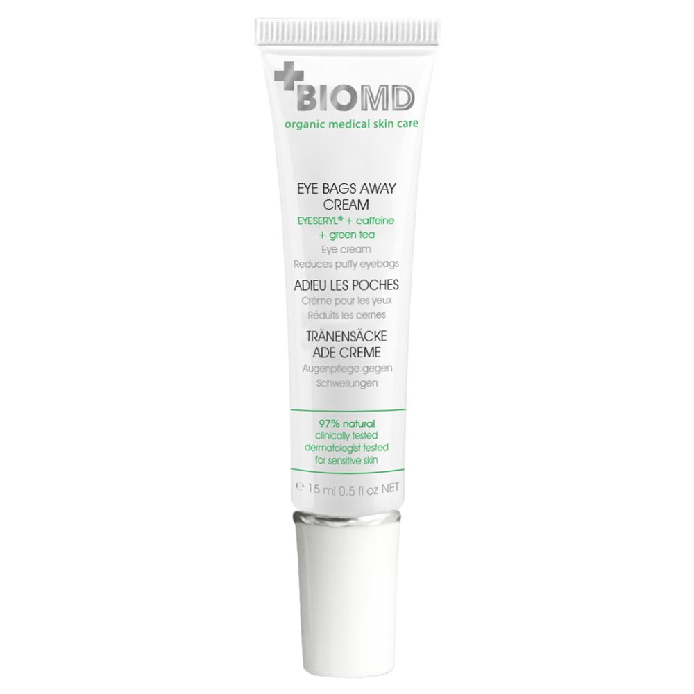 Tube de crème pour les yeux BIOMD. Texte : Eye Bags Away Cream, 15 ml. Emballage blanc et vert.