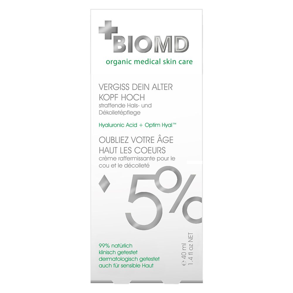 Tube de crème BIOMD avec logo et texte. Contient 5% et le texte: Oubliez votre âge, haut les coeurs. 40 ml.