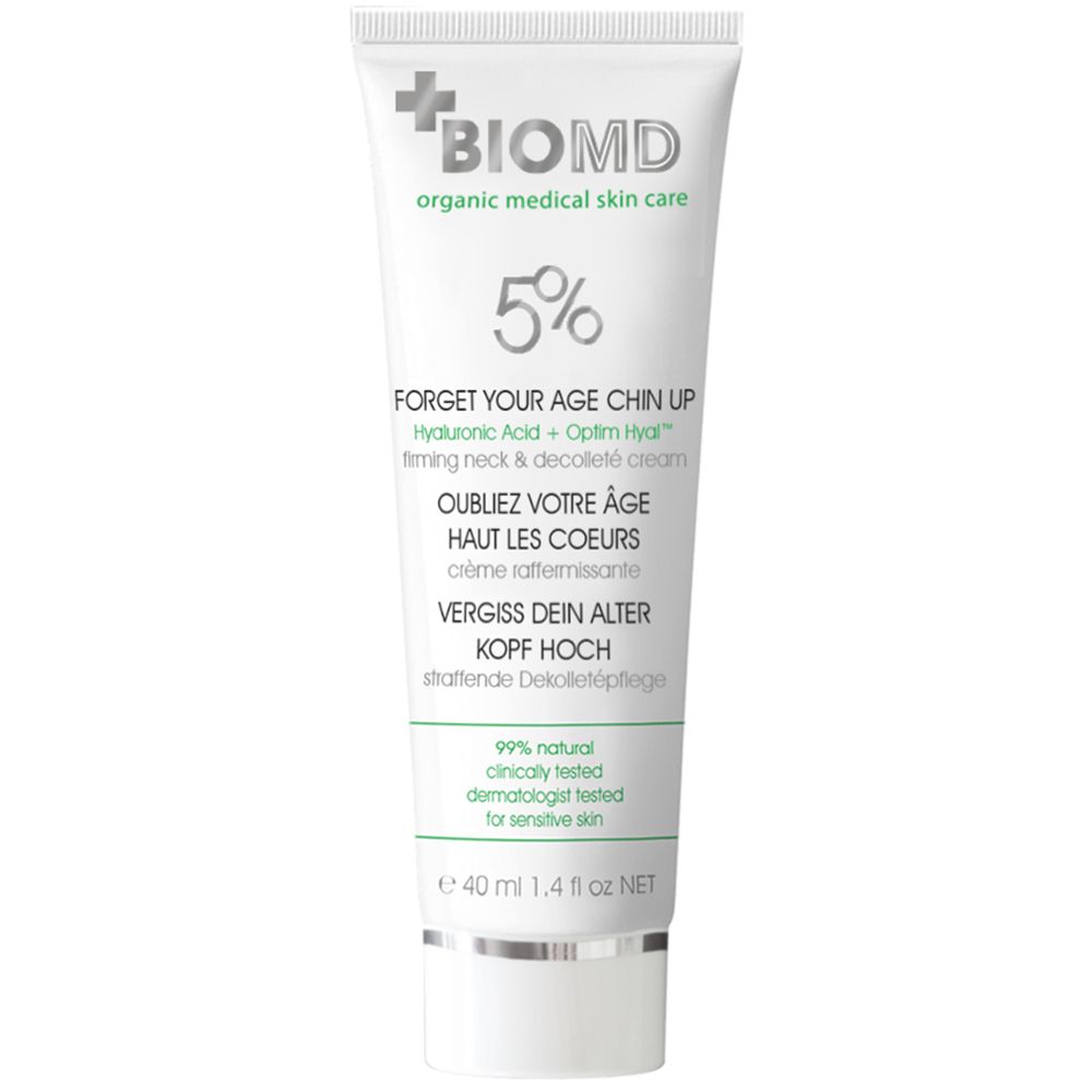 Tube de crème BIOMD avec logo et texte. Contient 5% et le texte: Oubliez votre âge, haut les coeurs. 40 ml.
