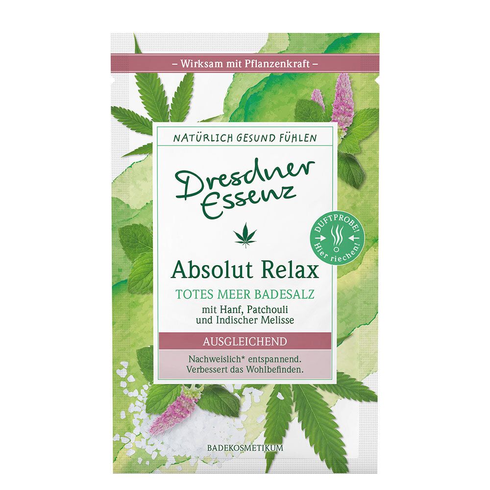 Sachet de sels de bain Dresdner Essenz Absolut Relax. Design vert et blanc avec nom du produit et ingrédients. Autocollant "échantillon de parfum".