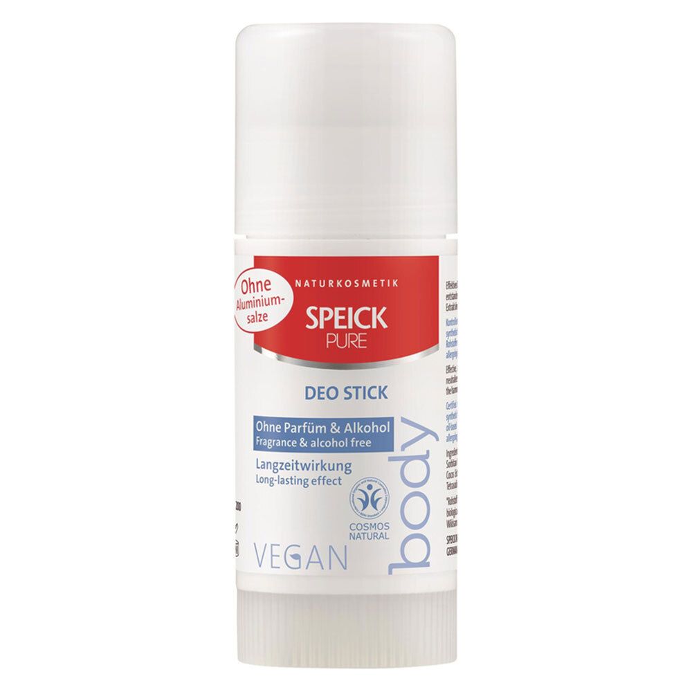 Stick déodorant blanc avec texte rouge et bleu. Texte: SPEICK PURE DEO STICK, sans sels d'aluminium, végétalien.